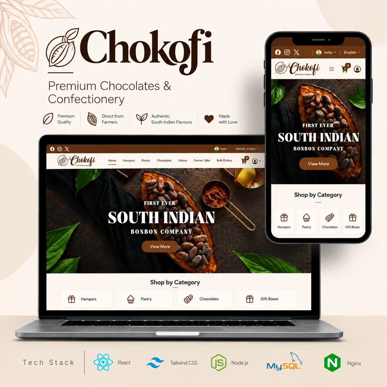 Chokofi artisanal chocolate storefront showing collections and the gift box builder